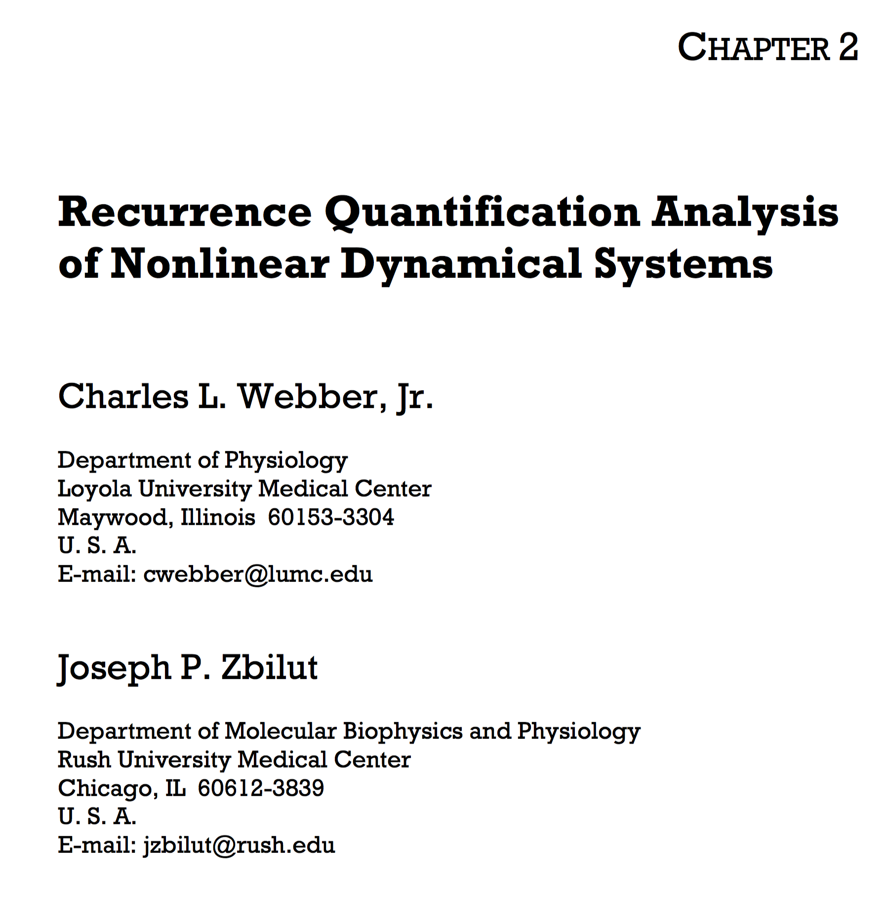 Title page from chapter on Recurrence Quantification Analysis